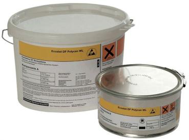In the picture, there are two color containers visible: a large, round plastic bucket with a lid and a small, round metal container with a lid. Both have warning symbols.