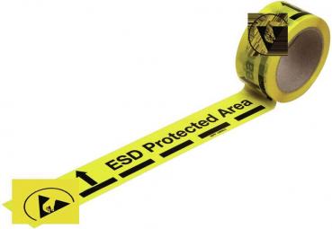 The image shows a yellow tape roll labeled "ESD Protected Area". The tape has warning symbols indicating an area protected from electrostatic discharge.