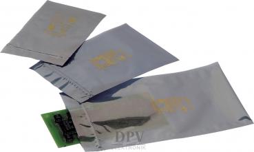 The image shows three silver, shiny packages in different sizes, slightly offset from each other. The front features a golden pattern or logo.