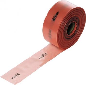 The image shows a roll of elastic band in orange. The band is rolled up, with one end hanging down. Black prints are visible on the surface.