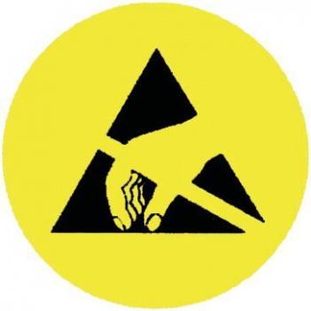 The image shows a yellow sign with a black triangle in the center. Inside it, there is a stylized hand holding an electrical plug, indicating electrical hazards.