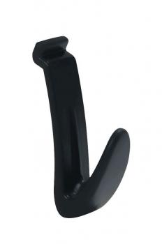 The image shows a simple, black plastic coat hook. It has a flat upper mount and a downward curved, wide hanger.