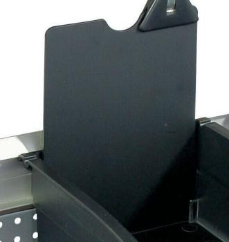 The image shows a black divider that is inserted into a container. It has a notch on the upper edge and is attached to a shelf. The background is light.