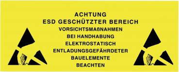 The image is a warning sign in bright yellow. It contains information about an ESD-protected area, precautions for handling, and warns of electrostatic discharges.