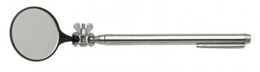 The image shows a long, silver handle with a round mirror at one end. The handle has a mount that allows the mirror to be rotated to achieve different viewing angles.