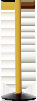 Das Bild zeigt einen senkrechten Pfosten in gelber Farbe mit einer runden, schwarzen Basis. Der Pfosten hat eine glatte Oberfläche, und oben befindet sich möglicherweise ein Signal oder Hinweis.