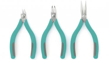 The image shows three different pliers side by side. All have a turquoise handle with gray rubber inserts. The pliers come in various shapes: one with rounded blades, one with cutting blades, and one with long, pointed blades.