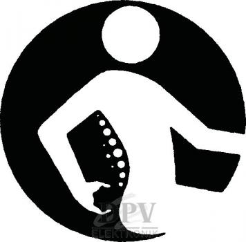 Das Bild zeigt ein stilisiertes Symbol einer Person, die eine Tasche oder einen Gegenstand in der Hand hält, umgeben von einem kreisförmigen Rand. Der Entwurf ist schwarz-weiß.