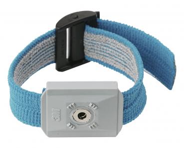 Das Bild zeigt ein blaues Band mit einer grauen, rechteckigen Halterung. Die Halterung hat eine Öffnung in der Mitte und einen schwarzen Verschluss an einem Ende. Es ist weich und flexibel.
