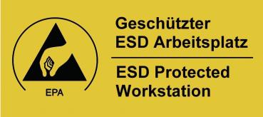 The image shows a yellow warning sign with a black triangle and a hand. Below it, in two languages, it reads 