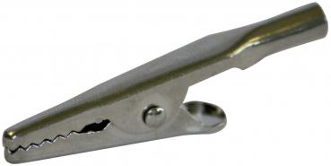 The image shows a silver metal clothespin. It has a curved shape with two gripping lips that can open and close, and a small spring in the middle.