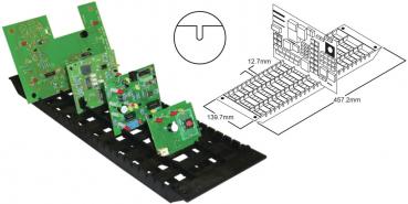 The image displays multiple circuit boards of various sizes on a black holder. Next to the boards, there is a technical drawing featuring dimensions and a cross-section.