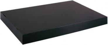 This is a rectangular, black cardboard storage box. The box has a smooth surface, two handle openings on the short sides, and a simple, functional design.