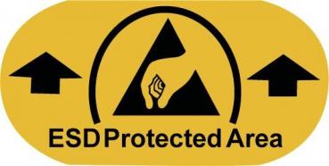 The image shows a yellow symbol with a black triangle, a hand, and two upward-pointing arrows. It marks an area that is protected against electrostatic discharge.