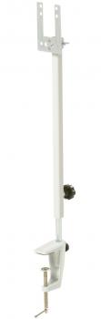 The image shows a white bracket with a long, vertical arm that has two holes at the top for wall mounting. At the bottom, there is a swivel mechanism that secures the bracket.
