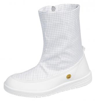 Der Stiefel ist weiß mit einem karierte Muster in hellen Linien. Er hat einen hohen Schaft und eine weiche, rutschfeste Gummisohle. An der Seite befindet sich ein goldenes Logo.