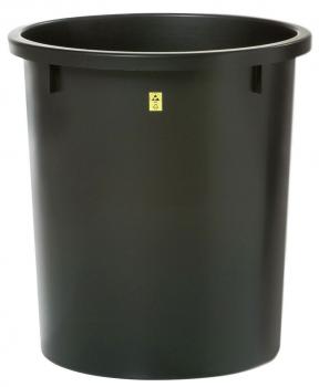 The image shows a round, black plastic trash can. It has a wide opening at the top and a smooth, vertical shape with a warning sticker.