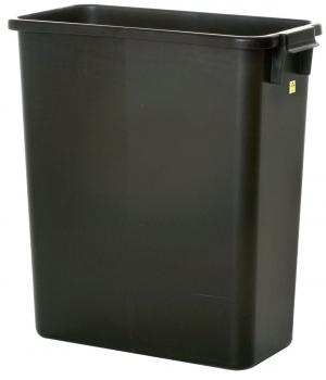 The image shows a tall, rectangular trash can made of black plastic. It features sturdy, slightly molded handles on the sides and a smooth surface. Ideal for indoor use.