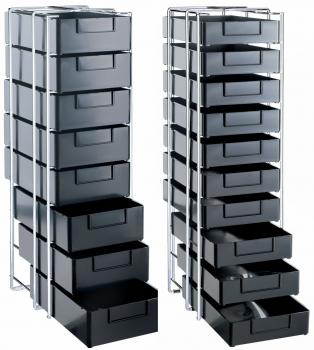 The image shows a narrow, tall rolling cabinet made of metal with several black drawers. The drawers are evenly arranged and have a smooth surface.