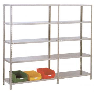 The image displays a metallic shelving system with several straight, empty shelves. At the bottom, there are three colored boxes: a green, a yellow, and a red one.