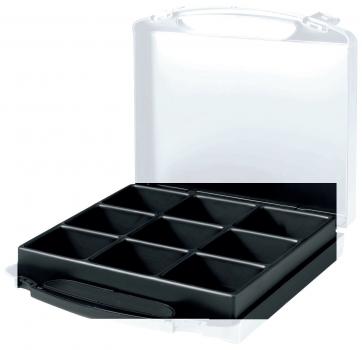 The image shows a transparent box with a black inner container divided into nine compartments. The lid is slightly open, and the box has a handle.