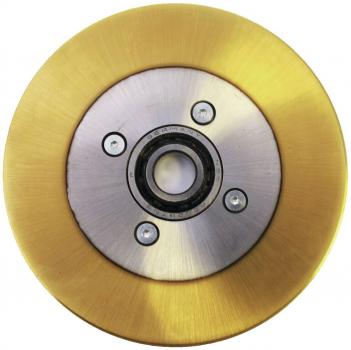 The image shows a round wheel with a metal core and a golden rim. In the center, there is a bearing with screws. The surface is smooth and shiny. The wheel appears solid and stable.