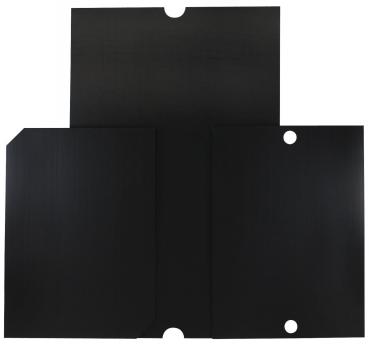 The image displays a black surface with fine vertical lines. One corner is flattened, giving the picture an irregular shape. The texture appears slightly textured.
