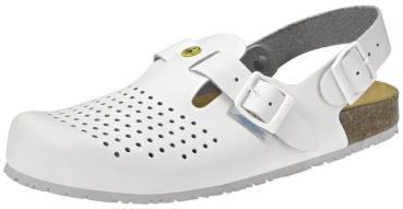 Der Schuh ist ein weißer Pantoffel mit offenen Seiten und Löchern für Belüftung. Er hat zwei verstellbare Riemen und eine helle, rutschfeste Sohle. Die Form ist bequem und praktisch.