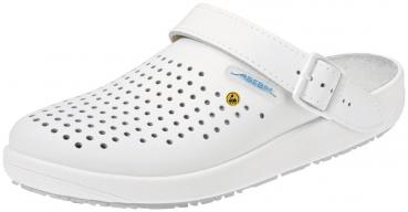 The image shows a white clog with a wide strap and many small holes. The sole is lightweight and slip-resistant, ideal for comfort and breathability.