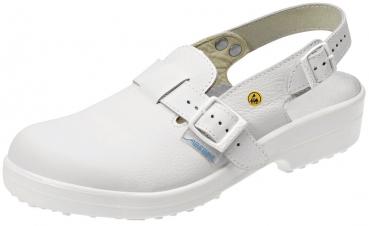 Der Schuh ist ein weißer Clog mit einem offenen Fersenbereich und einem verstellbaren Riemen. Er hat eine rutschfeste Sohle und eine gepolsterte Innensohle für Komfort.