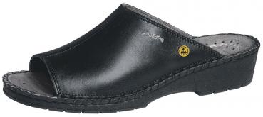 The shoe is a black, open clog with a wide top and a slightly elevated, sturdy heel. The sole is comfortable and has a simple, plain shape.
