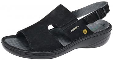 The image displays a black leather sandal with an open toe area and an adjustable strap at the back. The sole is lightweight and slightly curved.