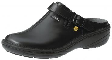 Das Bild zeigt einen schwarzen Clog aus Leder mit einer geschwungenen Form. Er hat einen breiten, verstellbaren Riemen und eine leichte, strukturierte Sohle für guten Halt.