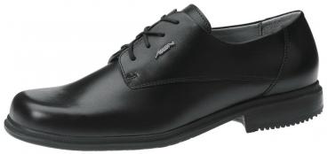Der Schuh ist ein eleganter, schwarzer Halbschuh aus glänzendem Leder. Er hat eine runde Zehenpartie, Schnürsenkel und eine profilierte Gummisohle für besseren Halt. Ideal für formelle Anlässe.