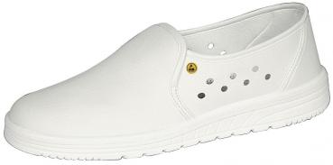 The shoe is slip-on, completely white, and made of lightweight material. It has a thin, non-slip sole and small holes on the sides for ventilation. It appears sporty and comfortable.