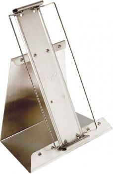 The image shows a metal bookstand. It has a triangular base and a vertical support with a wire to hold books. The surface is smooth and shiny.