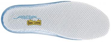 The image shows the underside of a shoe sole. It is predominantly white with small holes for ventilation. At one spot, there is a yellow logo with the inscription "Static Control".