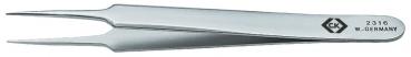 The image shows a shiny, metallic tweezer with two pointed ends. It has a slender shape and features an embossment with the inscription 