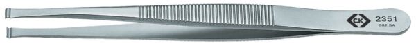 The image shows a straight, metallic tweezer. It has two pointed ends that slightly bend, and a flat handle. On the side, a number and a logo are embossed.
