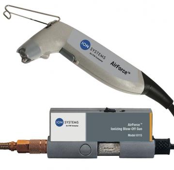 The image shows a technical device with a handy grip and a long cable. The grip is gray with a logo, and below it is a controlled unit used for air purification.