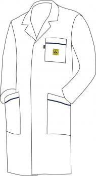 The image shows a white lab coat with long sleeves. It has two large patch pockets and a chest pocket. There is a yellow label on the chest pocket.