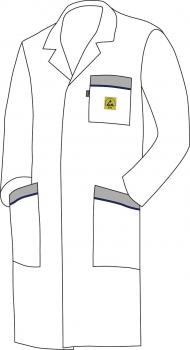 The image shows a white lab coat with a lapel collar. It has two large front pockets and a smaller breast pocket. The coat features gray details and a logo on the breast pocket.