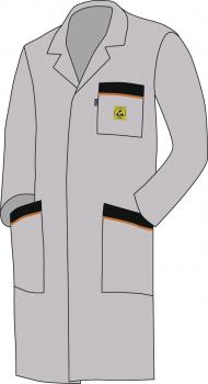 The image shows a gray lab coat. It has long sleeves and an open front. There is a small pocket on the chest with an orange border and two large pockets at the bottom.