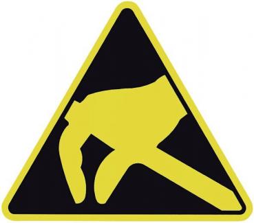 The image shows a yellow triangle with a black background. In the center, there is a stylized hand indicating a hazardous situation, possibly related to tools or work activities.