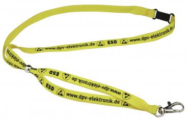 The image shows a yellow lanyard with black text. It carries the text 