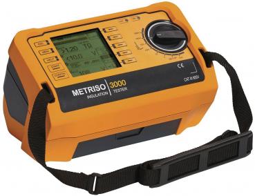 The image shows a black hard-shell suitcase that is open. Inside, there is a yellow measuring device with a screen, surrounded by cables and two round controls.