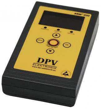 The image shows a handy device with a black casing and a yellow surface. It has a digital display and several buttons, including a large red central button.