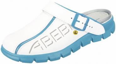 The clog is predominantly white with blue accents. It has a wide strap with a buckle and a textured, non-slip sole. The brand is embossed on the side.