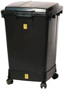 In the image, there is a black trash can with a lid. It has wheels on the bottom, making it easily movable. There is a warning symbol on the front.