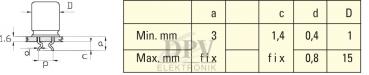 The image shows a technical drawing of a component with dimensions in a table. On the left is a schematic representation, on the right are dimensions listed in millimeters.